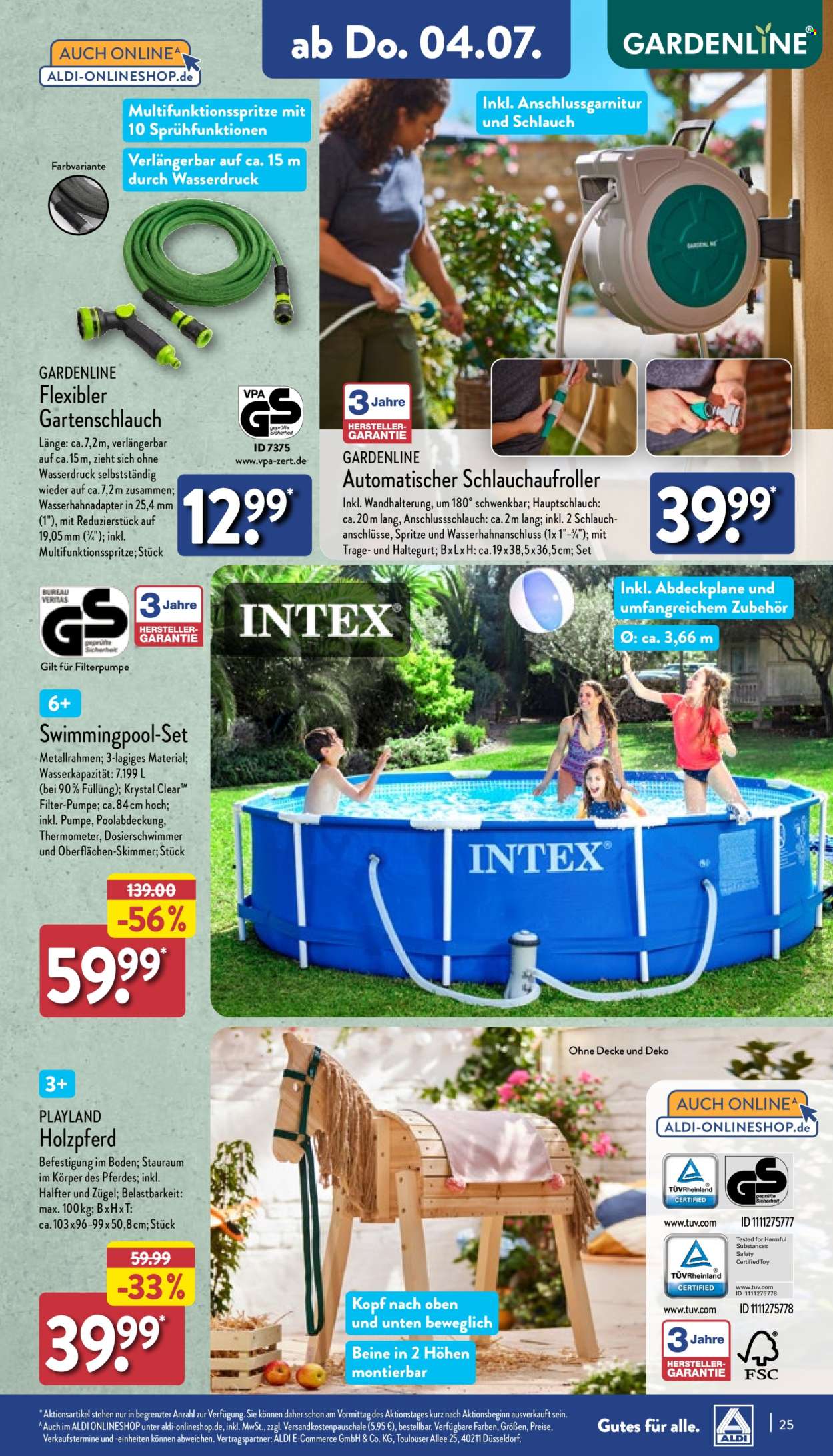 thumbnail - Prospekte ALDI Nord - 1.07.2024 - 6.07.2024 - Produkte in Aktion - Gardenline, Gartenschlauch, Schlauchaufroller, Pool, Holz-Spielzeug, Spielzeug für draußen. Seite 25.