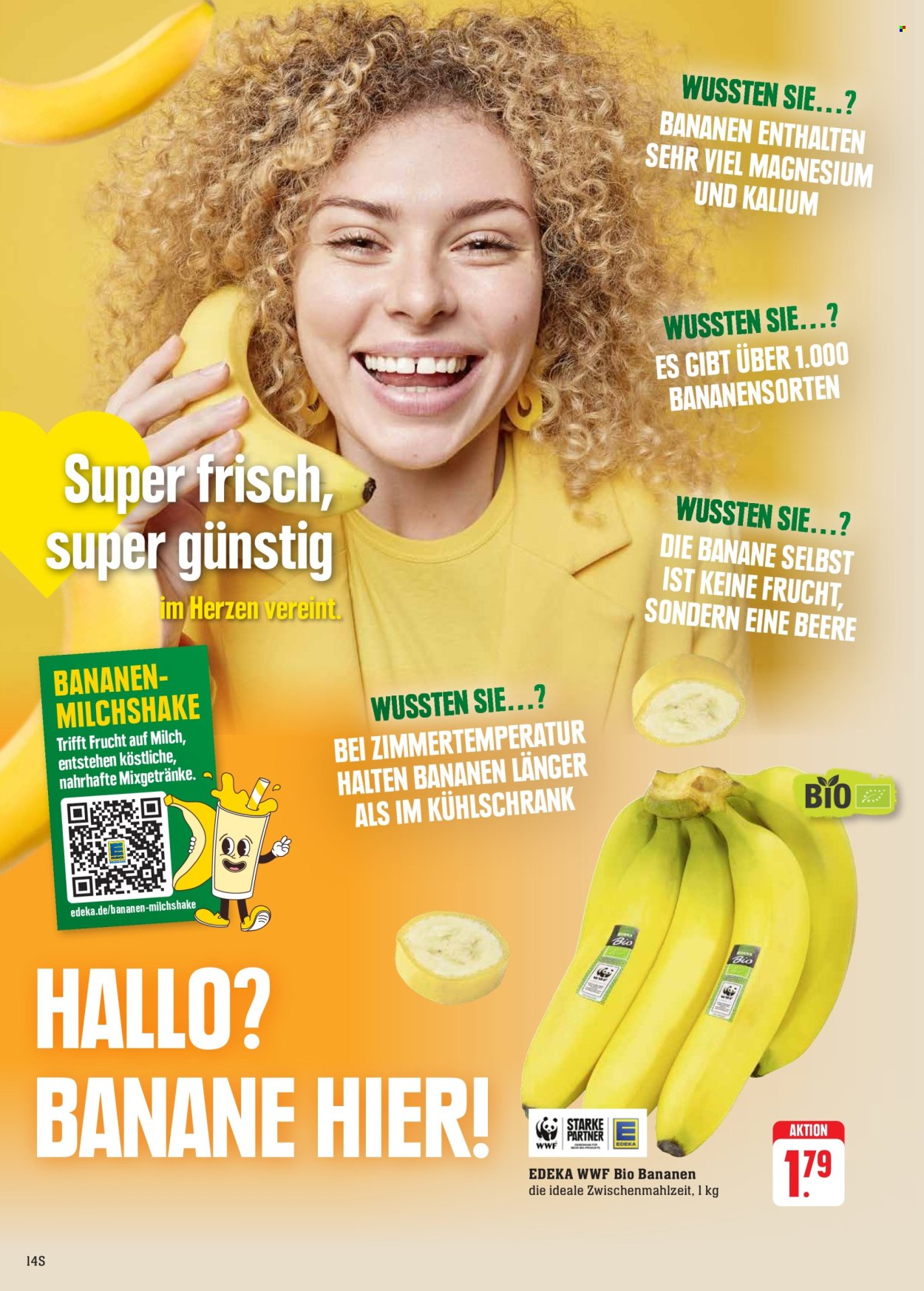 thumbnail - Prospekte Edeka - 1.07.2024 - 6.07.2024 - Produkte in Aktion - Bananen, Bio-Obst, Milch, Milchshake, Nahrungsergänzungsmittel. Seite 14.