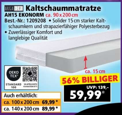 Kaltschaummatratze AH15 EKONORM ca. 90 x 200 cm