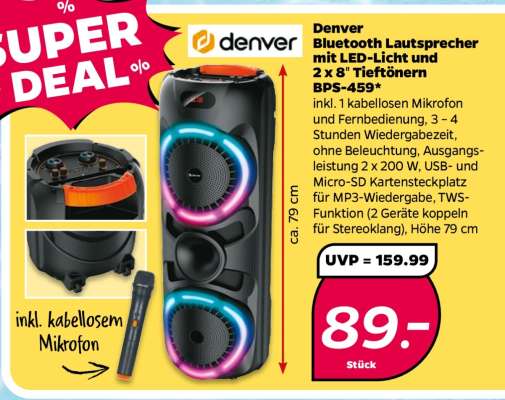 Denver Bluetooth Lautsprecher mit LED-Licht und 2 x 8'' Tieftönern BPS-459