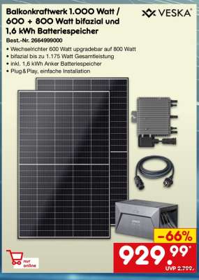 Balkonkraftwerk 1.000 Watt / 600 + 800 Watt bifazial und 1,6 kWh Batteriespeicher