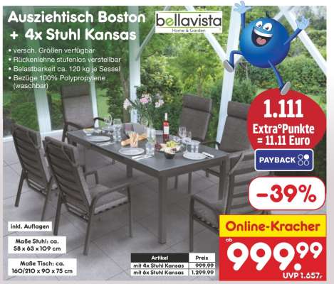 Ausziehtisch Boston + 4x Stuhl Kansas