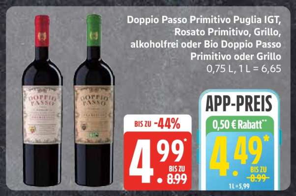 Doppio Passo Primitivo Puglia IGT, Rosato Primitivo, Grillo, alkoholfrei oder Bio Doppio Passo Primitivo oder Grillo