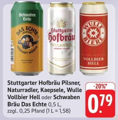 Stuttgarter Hofbräu Pilsner, Naturradler, Kaepsele, Wulle Vollbier Hell oder Schwaben Bräu Das Echte