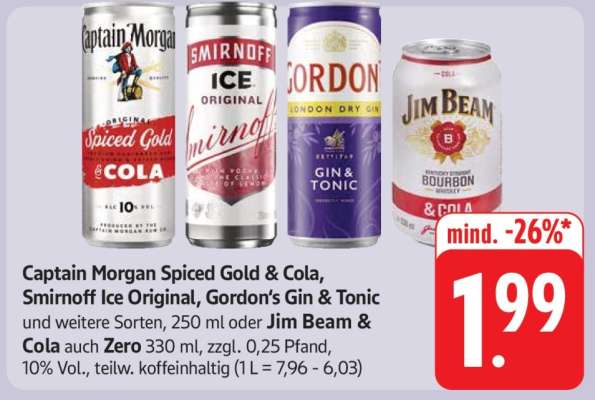 Captain Morgan Spiced Gold & Cola, Smirnoff Ice Original, Gordon's Gin & Tonic, Jim Beam & Cola