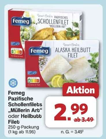 Femeg Pazifische Schollenfilets „Müllerin Art“ oder Heilbutt Filet