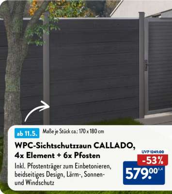 WPC-Sichtschutzzaun CALLADO, 4x Element + 6x Pfosten