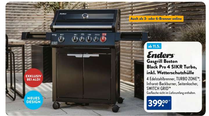 ENDERS Gasgrill Boston Black Pro 4 SIKR Turbo, inkl. Wetterschutzhülle