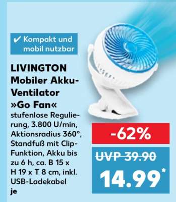 LIVINGTON Mobiler Akku- Ventilator »Go Fan«
