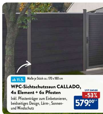 WPC-Sichtschutzzaun CALLADO, 4x Element + 6x Pfosten
