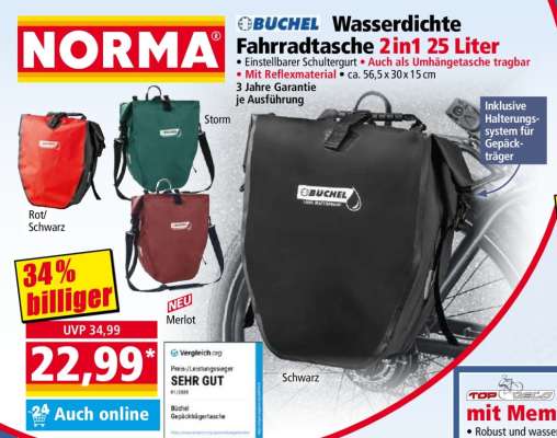 BUCHEL Wasserdichte Fahrradtasche 2in1 25 Liter