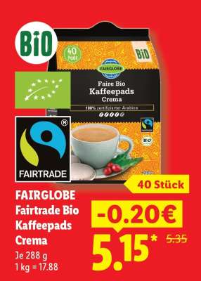 Fairglobe Fairtrade Bio Kaffeepads Crema