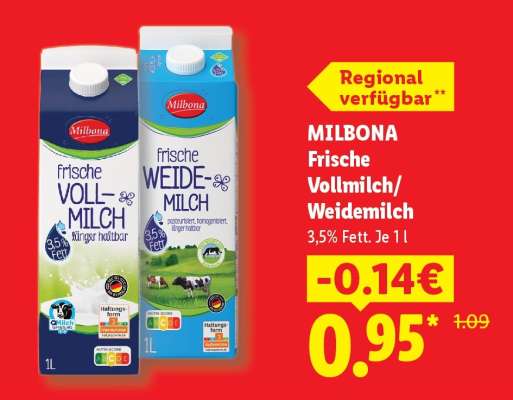 Milbona Frische Vollmilch/Weidemilch