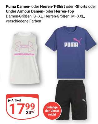 Puma Damen- oder Herren-T-Shirt oder -Shorts oder Under Armour Damen- oder Herren-Top