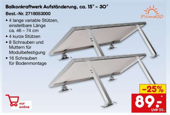 Balkonkraftwerk Aufständerung, ca. 15° - 30°