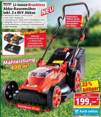 Li-Ionen Brushless Akku-Rasenmäher inkl. 2x 40V Akkus