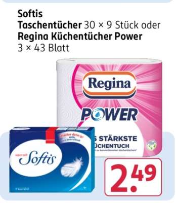 Softis Taschentücher 30 × 9 Stück oder Regina Küchentücher Power 3 × 43 Blatt