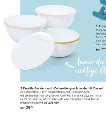 3 Emaille-Servier- und -Zubereitungsschüsseln mit Deckel