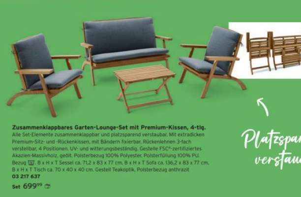 Zusammenklappbares Garten-Lounge-Set mit Premium-Kissen, 4-tlg.