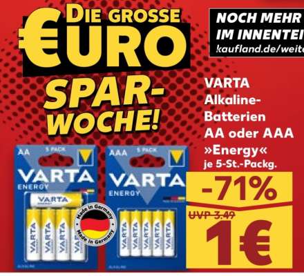 VARTA Alkaline-Batterien AA oder AAA »Energy« je 5-St.-Packg.
