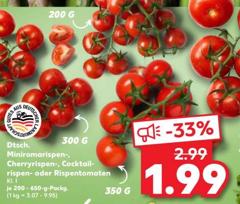 Dtsch. Miniromarisp-, Cherryrispen-, Cocktailrispen- oder Rispentomaten Kl. I