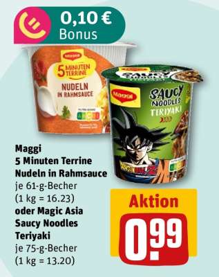 Maggi 5 Minuten Terrine Nudeln in Rahmsauce oder Magic Asia Saucy Noodles Teriyaki