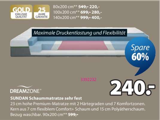 DREAMZONE SUNDAN Schaummatratze sehr fest
