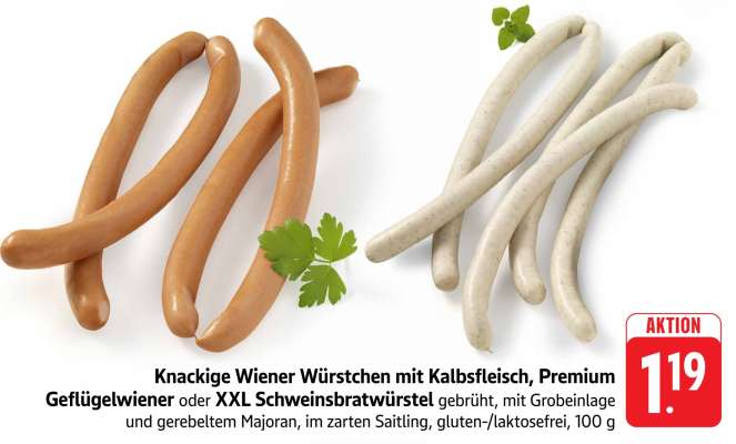 Knackige Wiener Würstchen mit Kalbsfleisch, Premium Geflügelwiener oder XXL Schweinsbratwürstel