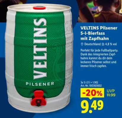 VELTINS PILSENER 5-L-BIERFASS MIT ZAPFHAHN
