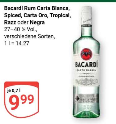 Bacardi Rum Carta Blanca, Spiced, Carta Oro, Tropical, Razz oder Negra