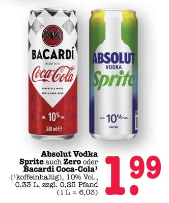 Absolut Vodka Sprite auch Zero oder Bacardi Coca-Cola