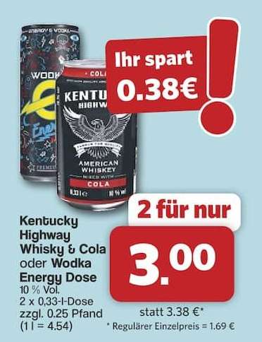 Kentucky Highway Whisky & Cola oder Wodka Energy Dose