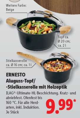 ERNESTO Aluguss-Topf/-Stielkasserolle mit Holzoptik