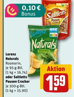 Lorenz Naturals Rosmarin, je 95-g-Btl. (1 kg = 16.74) oder Saltletts Pausen Cracker je 100-g-Btl. (1 kg = 15.90)