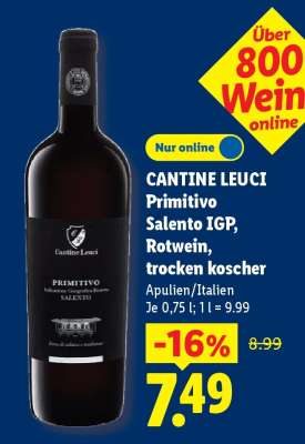 CANTINE LEUCI Primitivo Salento IGP, Rotwein, trocken koscher
