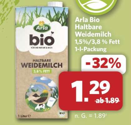 Arla Bio Haltbare Weidemilch 1,5%/3,8 % Fett 1-l-Packung