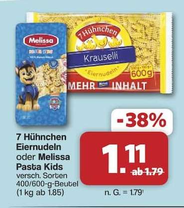 7 Hünchen Eiernudeln oder Melissa Pasta Kids