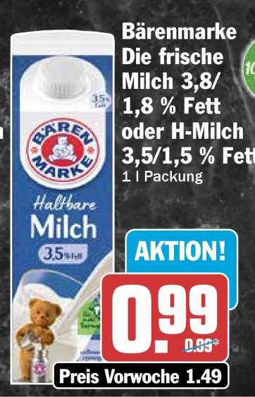 Bärenmarke Die frische Milch 3,8/1,8 % Fett oder H-Milch 3,5/1,5 % Fett