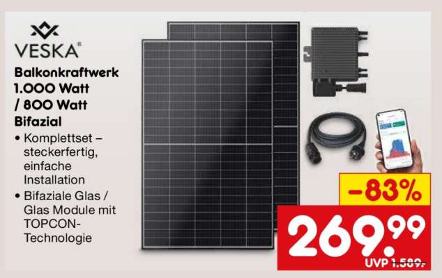 Balkonkraftwerk 1.000 Watt / 800 Watt Bifazial