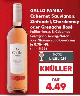 GALLO FAMILY Cabernet Sauvignon, Zinfandel, Chardonnay oder Grenache Rosé