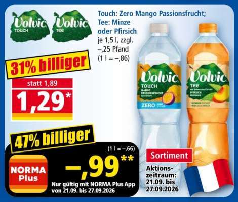 Volvic Touch: Zero Mango Passionsfrucht; Tee: Minze oder Pfirsich