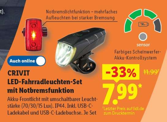 CRIVIT LED-Fahrradleuchten-Set mit Notbremsfunktion