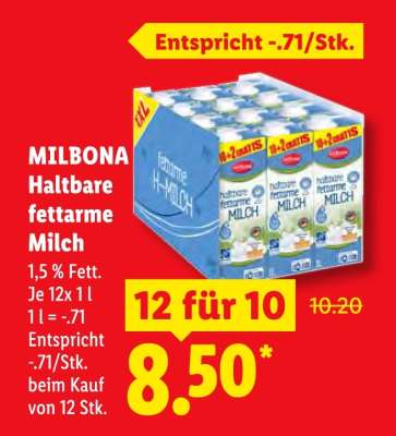 Milbona Haltbare fettarme Milch