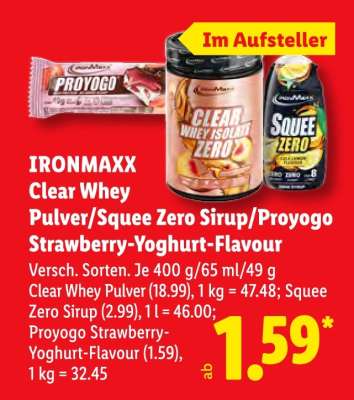 IRONMAXX Clear Whey Pulver/Squee Zero Sirup/Proyogo Strawberry-Yoghurt-Flavour