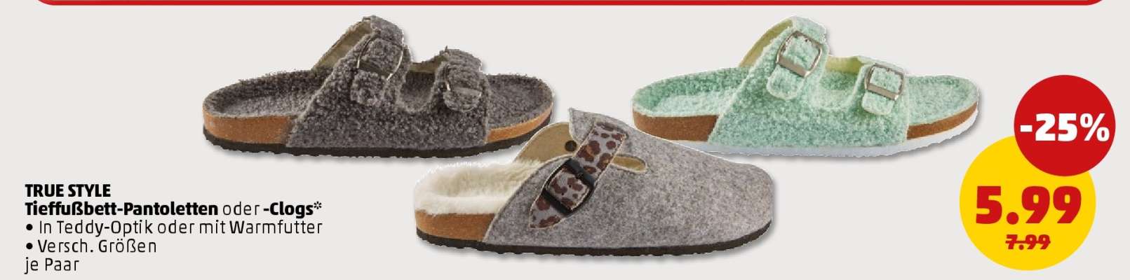 TRUE STYLE Tieffußbett-Pantoletten oder -Clogs