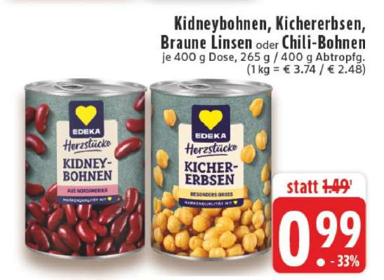 EDEKA Herzstücke Kidneybohnen, Kichererbsen, Braune Linsen oder Chili-Bohnen