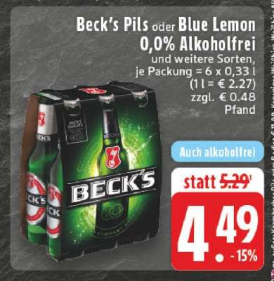 Beck's Pils oder Blue Lemon 0,0% Alkoholfrei