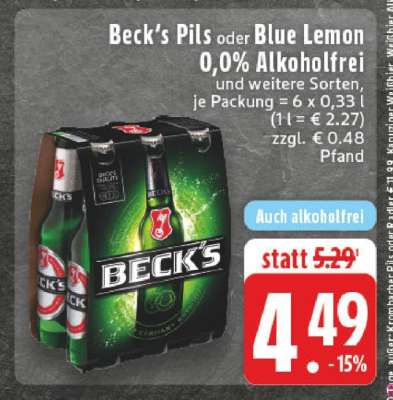 Beck's Pils oder Blue Lemon 0,0% Alkoholfrei