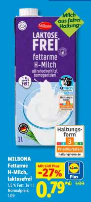 MILBONA Fettarme H-Milch, laktosefrei