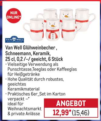 Van Well Glühweinbecher , Schneemann, Keramik, 25 cl, 0,2 /-/ geeicht, 6 Stück